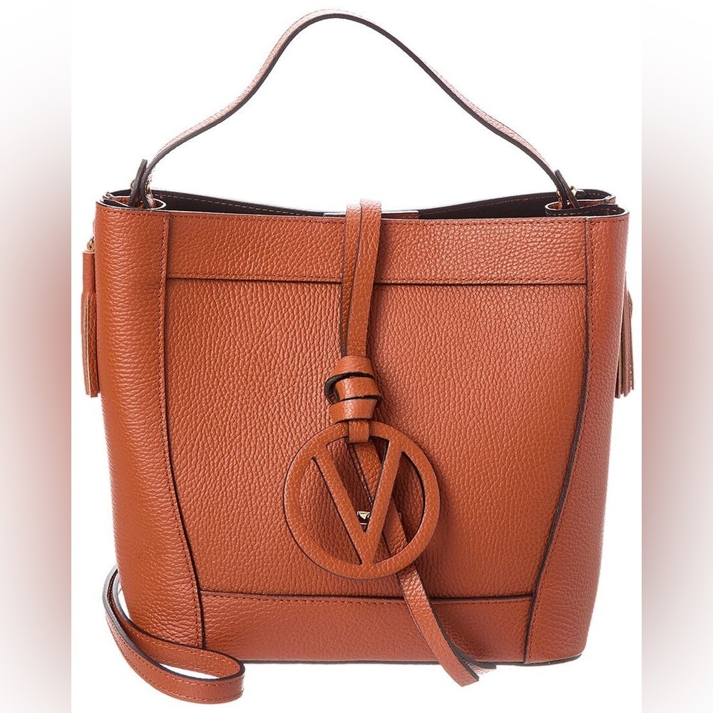 RARE Valentino by Mario Valentino Callie Medallion Leather Bucket Bag Whiskey